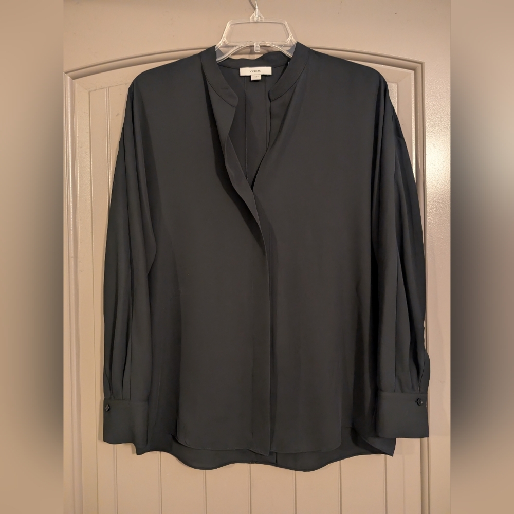 Women's Vince Black Banded Collar Collarless Chiffon Lightweight LS Shirt XS
